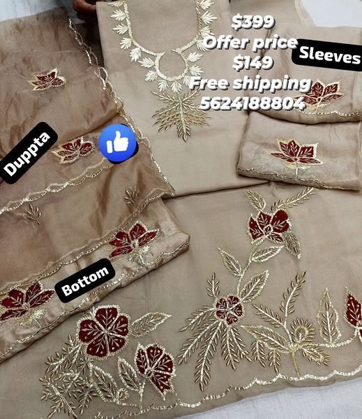 Beige Pure Viscose Organza Floral Embroidery