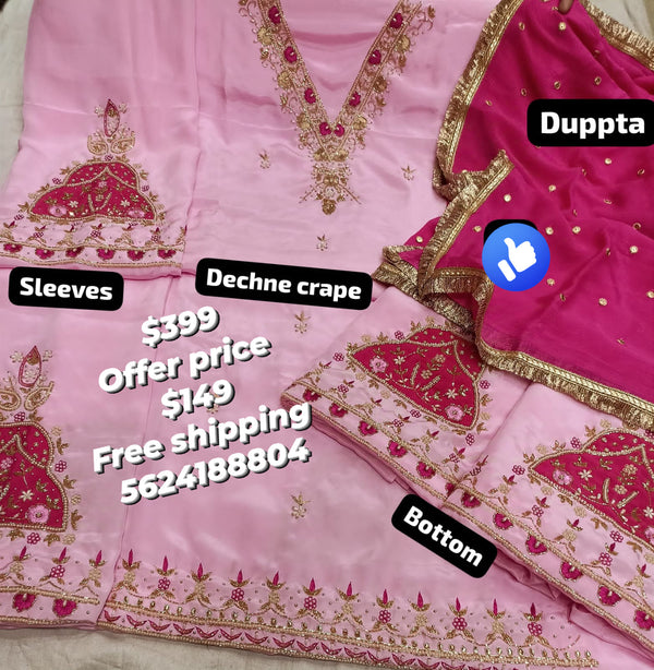 Pink Elegant Dechne Crepe Suit with Exquisite Handwork