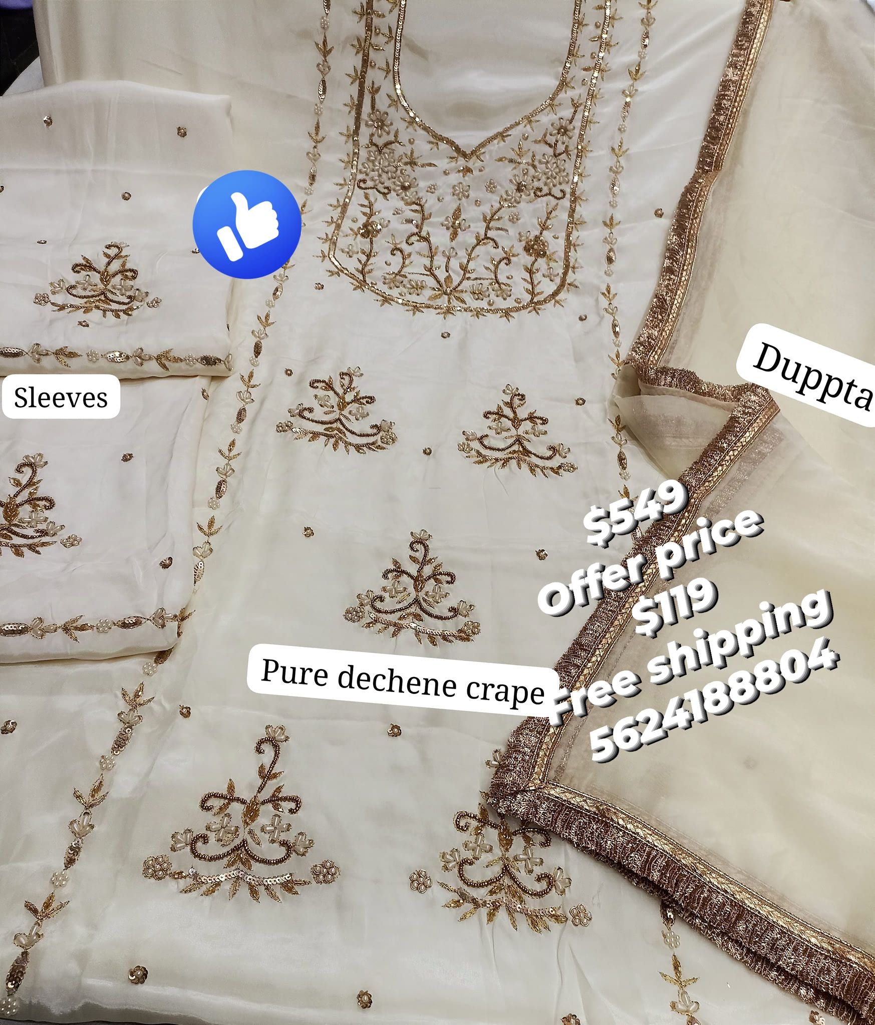 Off White Elegant Dechne Crepe Suit with Intricate Pearl and Katdana Work