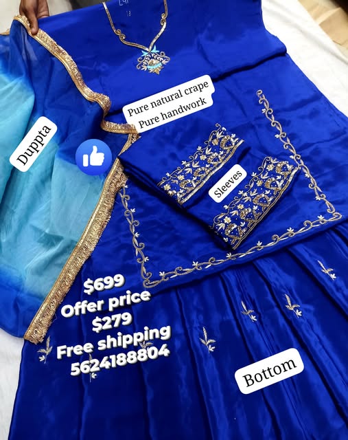 Royal Blue Pure Natural Crape Suit Two Tone Dupatta