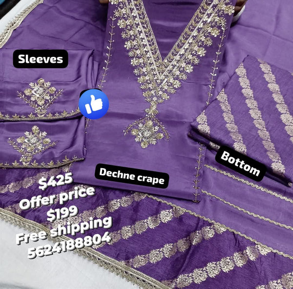 Purple Hand-Embroidered Crepe Suit with Chinon Dupatta