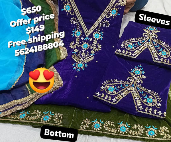 Blue velvet handwork elegant style suit