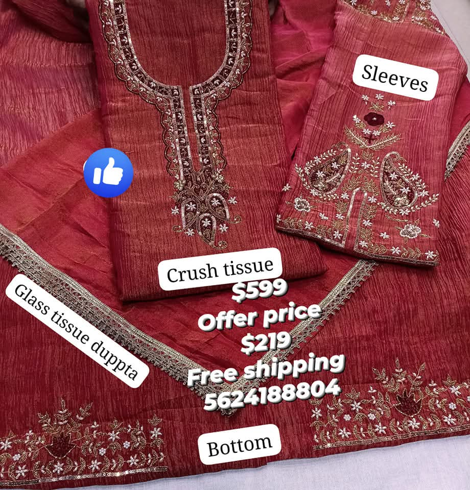 Cherry color pure crush tissue & glass tissue dupatta