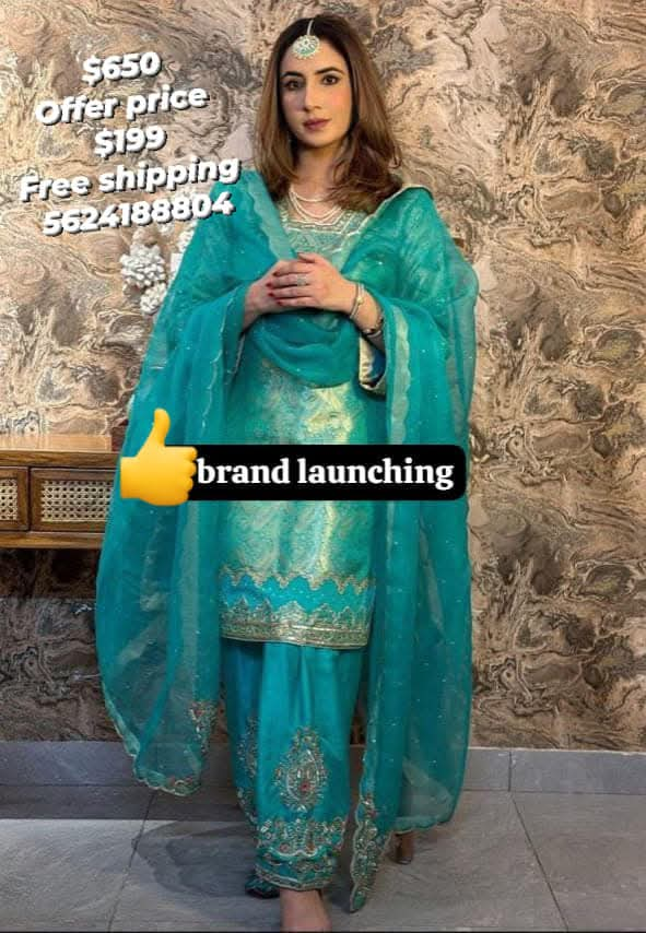 Turquoise pure handwork pearl & babka chinon dupatta suit