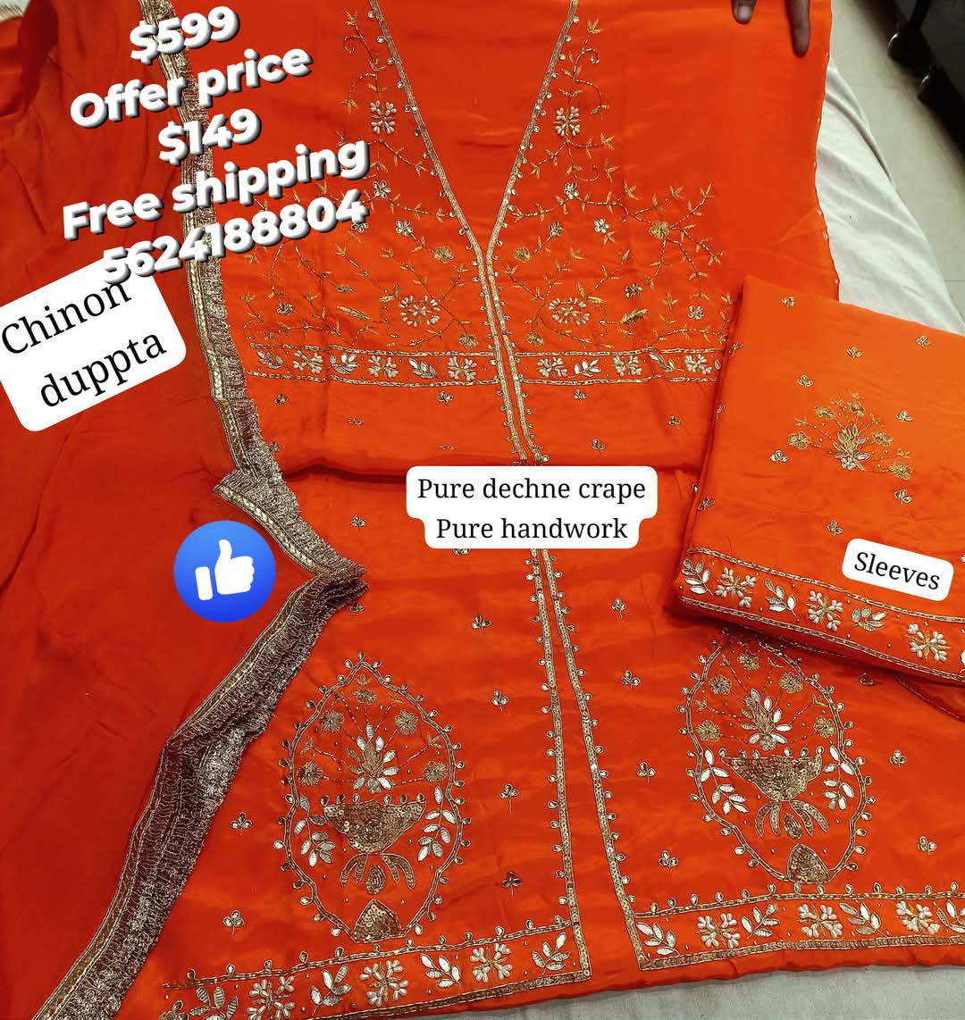 Orange Pure Dechne Crepe Handwork Suit