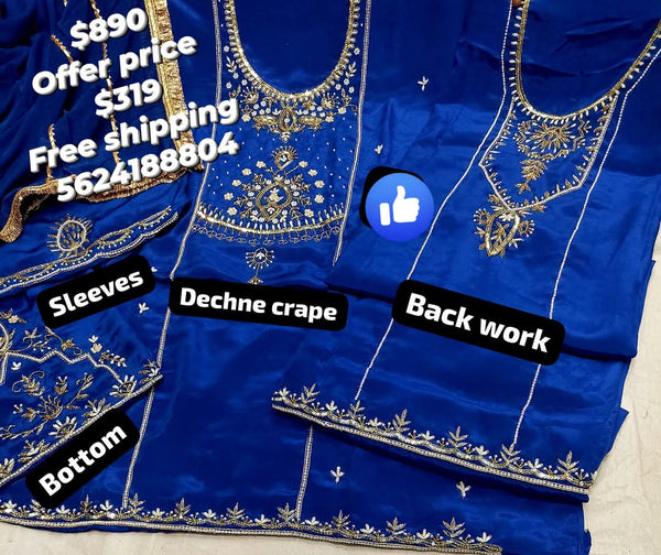 Royal blue dechne crape back front fully embellished work