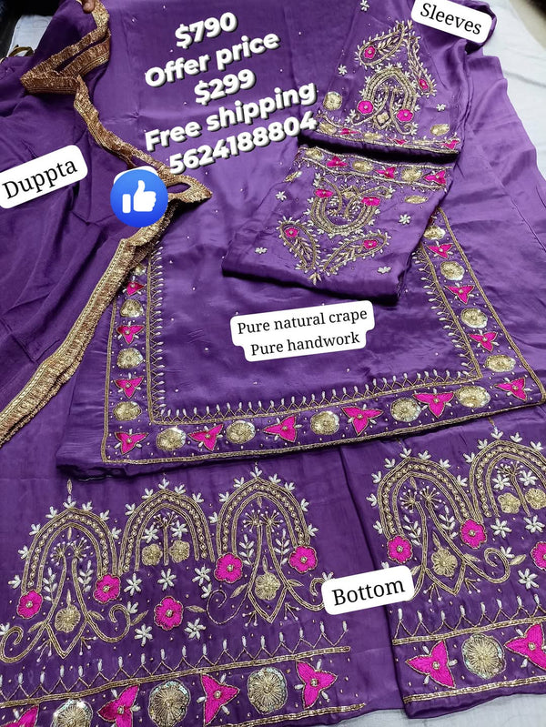 Purple pure natural crape handwork suit with embellished bottom