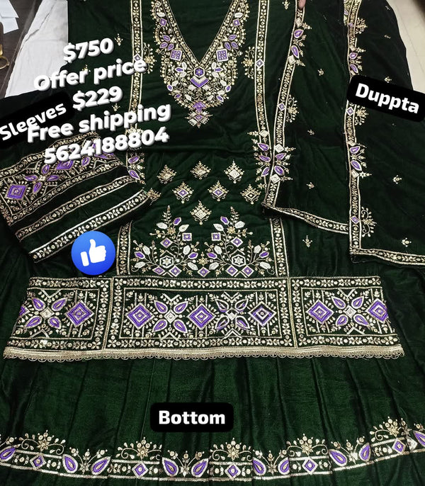 Dark green velvet fully embellished suit with velvet dupatta