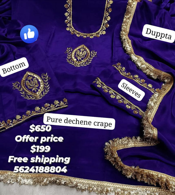 Purple pure dechne crape handwork  suit