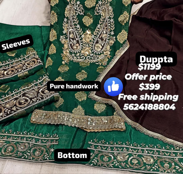 Embrald  green brocade pure banarsi  chinon duppata suit