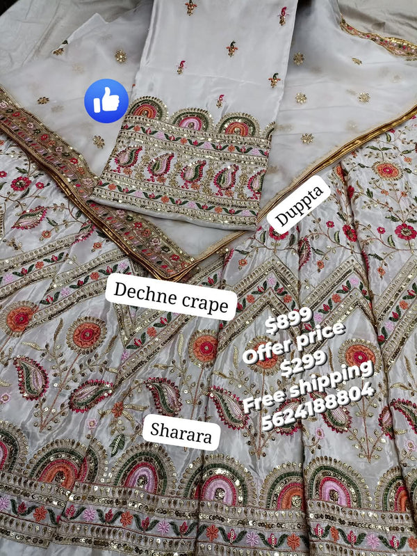 White & Pastal blended pure dechne crape organza dupatta suit