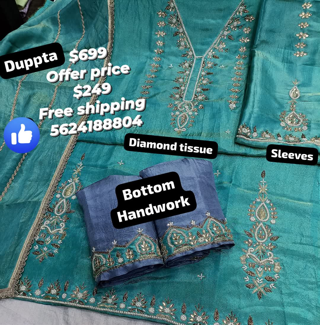 Arctic blue diamond tissue pearl+dabka+tilla suit