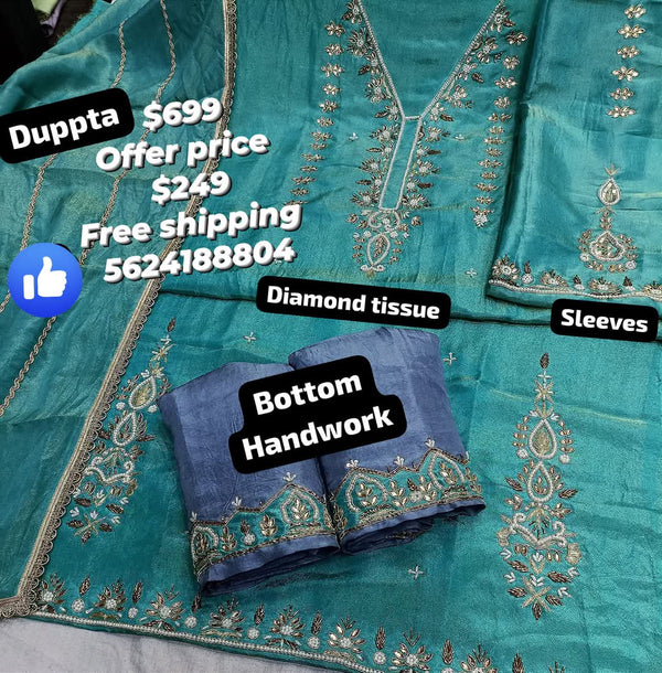 Arctic blue diamond tissue pearl+dabka+tilla suit