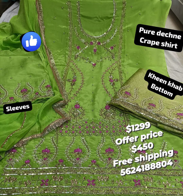 Lime green dechne pearl+dabka+tilla handwork suit