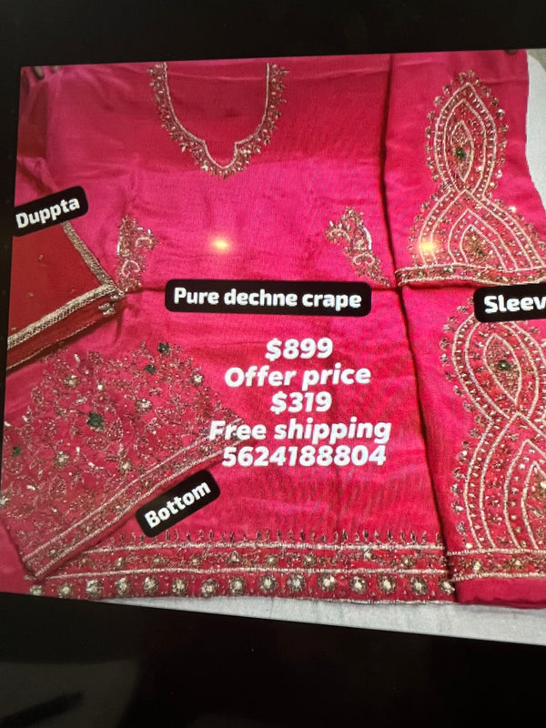 Fuchsia Pure Dechne Crape Heavy Handwork Suit